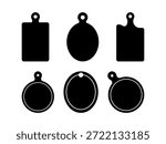 Cutting board icons set – round and rectangular chopping boards with hanging hole, utensils – black vector art