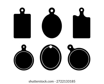 Conjunto de ícones do tabuleiro de corte - tábuas redondas e retangulares de corte com buraco pendurado, utensílios - arte vetorial preta