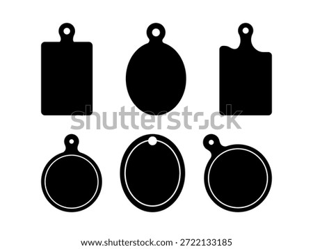 Cutting board icons set – round and rectangular chopping boards with hanging hole, utensils – black vector art