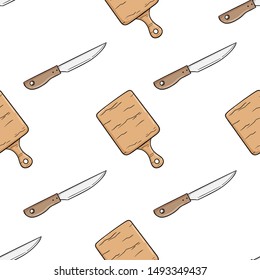 Cutting Board and Kitchen Knife in Seamless Pattern