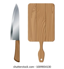 Cutting board and kitchen knife. Sharp knife and Chopping board isolated on white background.
