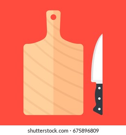 Cutting board and kitchen knife. Top view. Flat design. Vector illustration