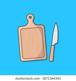 Cutting Board And Kitchen Knife Vector Icon Illustration. Knife On Cutting Board Flat Icon
