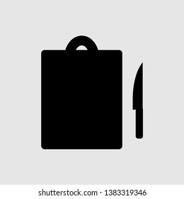 Cutting board and kitchen knives vector icon, gray background. EPS 10
