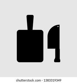 Cutting board and kitchen knives vector icon, gray background. EPS 10