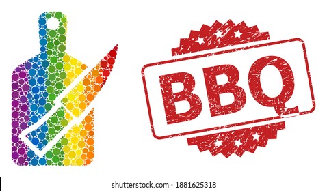 Cutting board and knife collage icon of circle spots in different sizes and LGBT colored color hues, and BBQ scratched rosette seal print. A dotted LGBT-colored Cutting board and knife for lesbians,
