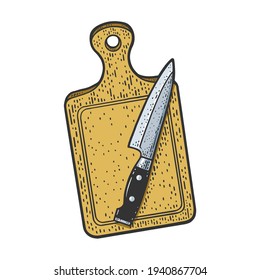 cutting board and knife color sketch engraving vector illustration. T-shirt apparel print design. Scratch board imitation. Black and white hand drawn image.