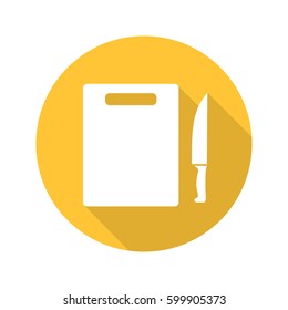 Cutting board with knife. Flat design long shadow icon. Vector silhouette symbol
