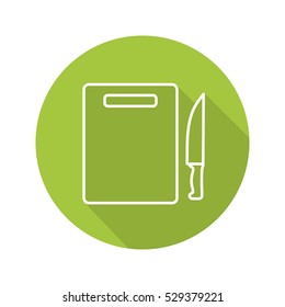 Cutting board with knife. Flat linear long shadow icon. Vector line symbol