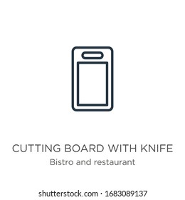 Schneiden mit Messersymbol. Dünne, lineare Schneide mit Messerumriss Symbol einzeln auf weißem Hintergrund aus Bistro- und Restaurantkollektion. Vektorillustration der Linie, Symbol für Web und Mobilfunk