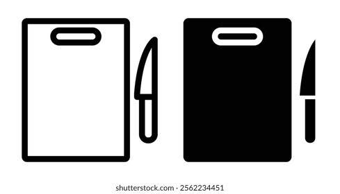 Cutting board and knife Icons pack in outlined and flat versions