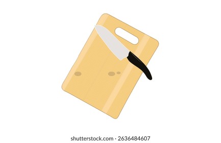 Cutting board and knife illustration, wooden cutting board and sharp kitchen knife isolated on white