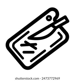 Cutting board and knife kitchen utensil icon illustration with black outline isolated on square white background. Simple flat cartoon styled drawing.