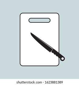 Cutting board and knife, kitchen utensils. Vector flat illustration.