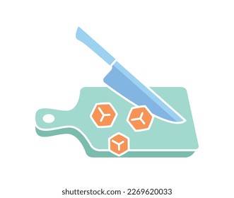 Cajón con cuchillo. Utensilios de cocina para cocinar y preparar. Cubos de carne o verduras. Afiche publicitario o banner para el sitio web. Dibujo vectorial plano de dibujos animados
