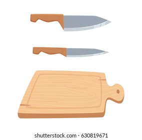 Cutting board and knife.  Kitchenware and cooking utensils isolated on white.