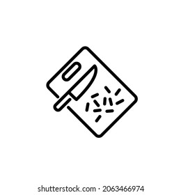 Cutting board with knife line icon. Editable stroke. Minimal kitchen tool illustration. Cooking equipment pictogram with food pieces.