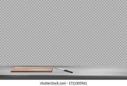 Cutting board and knife on steel table surface front view isolated on transparent background. Kitchen or cafe interior frame with stainless silver colored desk Realistic 3d vector illustration, border