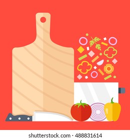Cutting board, knife, saucepan and vegetables vector set. Flat design. Cooking process, recipe, meal prep concepts. Modern illustration