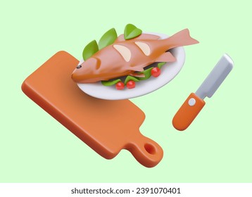 Cutting board, knife, served fish dish. Seafood recipe. Advertisement of cooking class, book, website, application. Fish restaurant. Color web design with 3D illustration