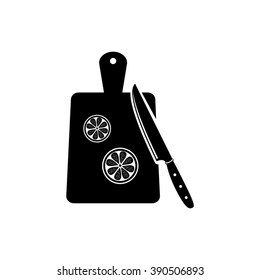 Cutting board with knife and sliced orange vector icon