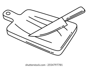 Cutting board with knife. Stylized kitchen object for cooking recipe and menu.