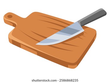 Cutting board with knife. Stylized kitchen object for cooking recipe and menu.