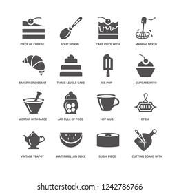 Cutting Board with Knife, Sushi Piece, Piece of Cheese, Vintage Teapot, Open, Hot mug, Cake Cream icon 16 set EPS 10 vector format. Icons optimized for both large and small resolutions.