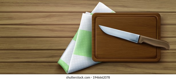 Cutting board, knife and tablecloth on wooden kitchen table top view. Vector realistic 3d illustration of rectangle wood plank for cut food, steel knife and folded table cloth