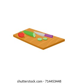Cutting board, knife, tomato and cucumber vegetables, whole and sliced, cartoon vector illustration isolated on white background. Cartoon chopping board, knife and vegetables