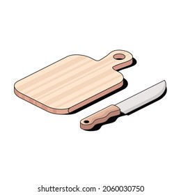 Cutting board and knife. Vector 3d sketch line isometric style, color icon illustration. Creative design idea and infographics elements.