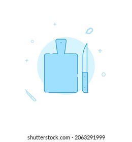 Cutting board and knife vector icon. Kitchen utensil. Flat illustration. Filled line style. Blue monochrome design. Editable stroke. Adjust line weight.