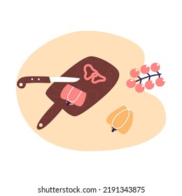Cutting board, knife and vegetables. Flat vector illustration, isolated on a white background.