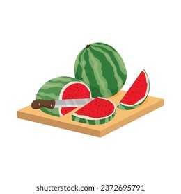 Cutting board, knife and watermelons on white background