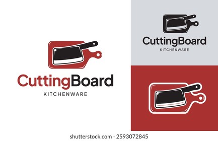 Cutting Board with Meat Knife Cleaver Logo Design Template. Suitable for Restaurant, Kitchen, Chef, Butcher, Butchery, Meat Shop, Deli, Steakhouse, Kitchenware Cookware Store, Barbeque, etc