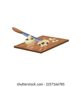 Tablero de corte con hongos e ilustración vectorial de cuchillo. Productos e ingredientes, cortar verduras para preparar una comida saludable sobre fondo blanco. Comida, nutrición, concepto de utensilios de cocina