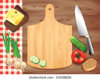 Cutting board on wooden table, food ingredients vector background