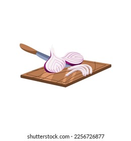Cutting board with onion and knife vector illustration. Products and ingredients, cut vegetables for preparing healthy meal on white background. Food, nutrition, kitchen utensils concept