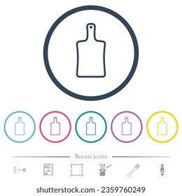 Cutting board outline flat color icons in round outlines. 6 bonus icons included.