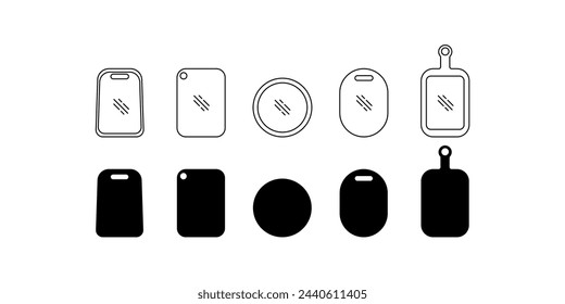 Iconos de contorno de tabla de cortar vector establecido. Símbolo de estilo lineal para el diseño web y aplicaciones móviles, logo. Ilustración vectorial.