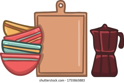 Placas de tabla de corte y utensilios de cocina de cafetera imagen vectorial