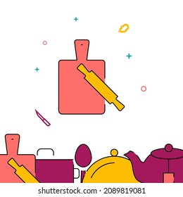 Cutting board and rolling pin filled line vector icon, simple illustration, related bottom border.