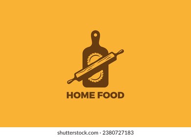 Cutting Board Rolling Pin Logo Home Food Vector Vintage Design. Healthy Organic Cooking Kitchen Restaurant Cafe Logotype concept icon.