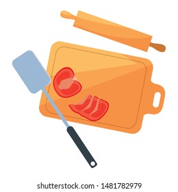 cutting board rolling pin tomato preparation cooking
