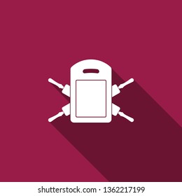 Cutting board and rolling pins icon isolated with long shadow. Kitchen utensils and equipment. Flat design. Vector Illustration