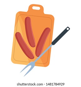 cutting board sausages fork preparation cooking