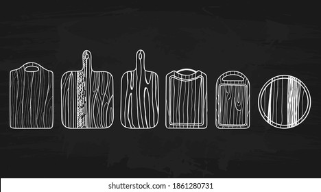 Cutting board set. Hand drawn boards, vintage kitchen wooden boards collection, white objects chalk drawing sketch style for chef barbeque restaurant and cafe menu, vector line isolated illustration