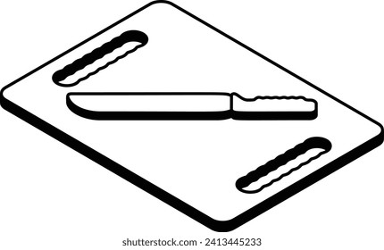 Cutting Board and Sharp Knife isometric concept, Plastic chopping board with Blade Hand drawn vector, Bakery and Baker drawings food preparation and Kitchen Utensil Sketch Culinary Doodle illustration