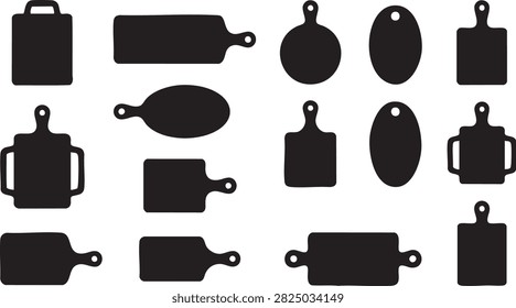 Cutting board silhouette icon set with black kitchen symbols for cooking and food preparation