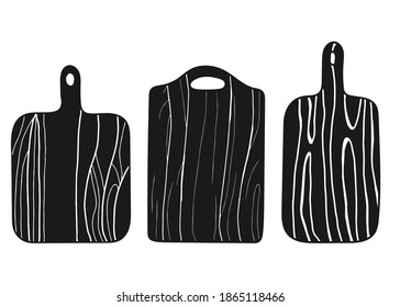 Cutting board silhouette set. Hand drawn boards, vintage kitchen wooden boards collection, black objects sketch style for chef, barbeque restaurant and cafe menu, vector line isolated illustration